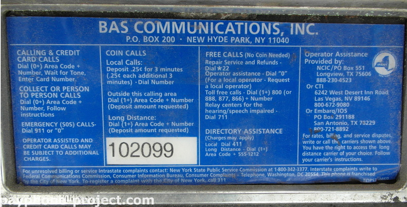 BAS Communications Payphone Placard.