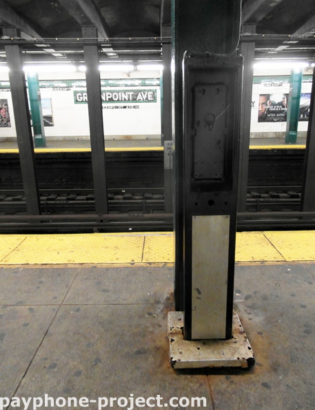 Greenpoint Avenue G Train Subway Station. Abandoned Payphone Carcass.