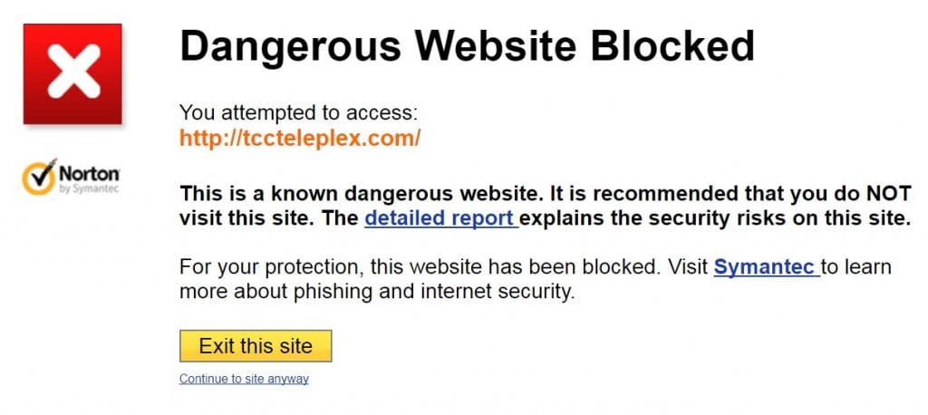 TCC Teleplex Dangerous Website Blocked