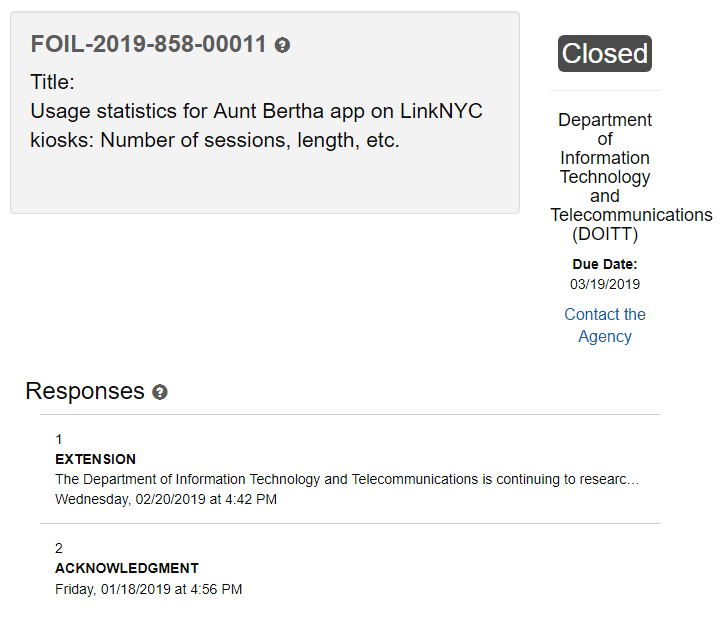 LinkNYC/Aunt Bertha FOIL Request Foiled
